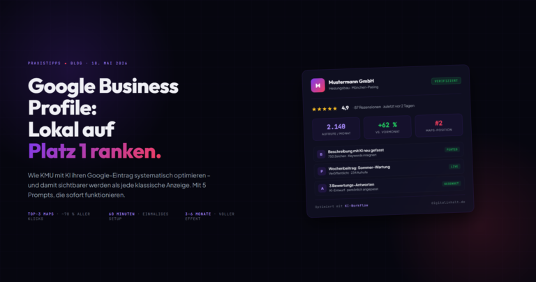 Google Business Profile mit KI optimieren — Dashboard-Mockup mit Bewertungen und Wochenbeitraegen