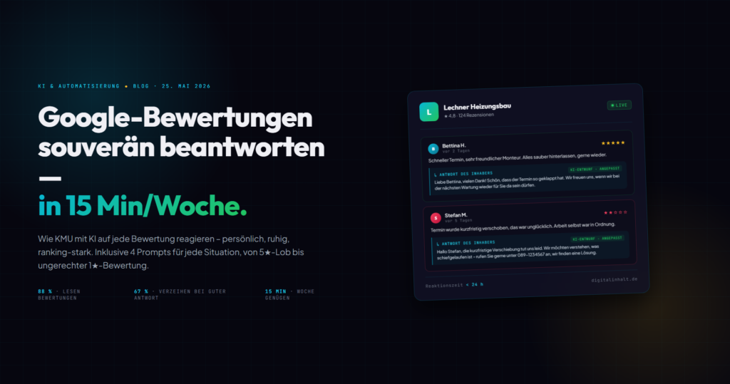 Google-Bewertungen mit KI beantworten: Beispiel-Mockup mit Vorher-Nachher-Antworten auf positive und kritische Bewertungen
