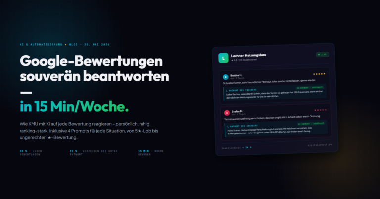 Google-Bewertungen mit KI beantworten: Beispiel-Mockup mit Vorher-Nachher-Antworten auf positive und kritische Bewertungen
