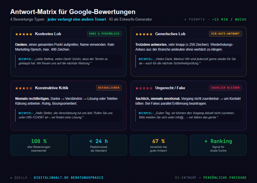 Antwort-Matrix für Google-Bewertungen mit KI: 4 Bewertungstypen mit Vorher-Nachher-Beispielen und Antwort-Strategien